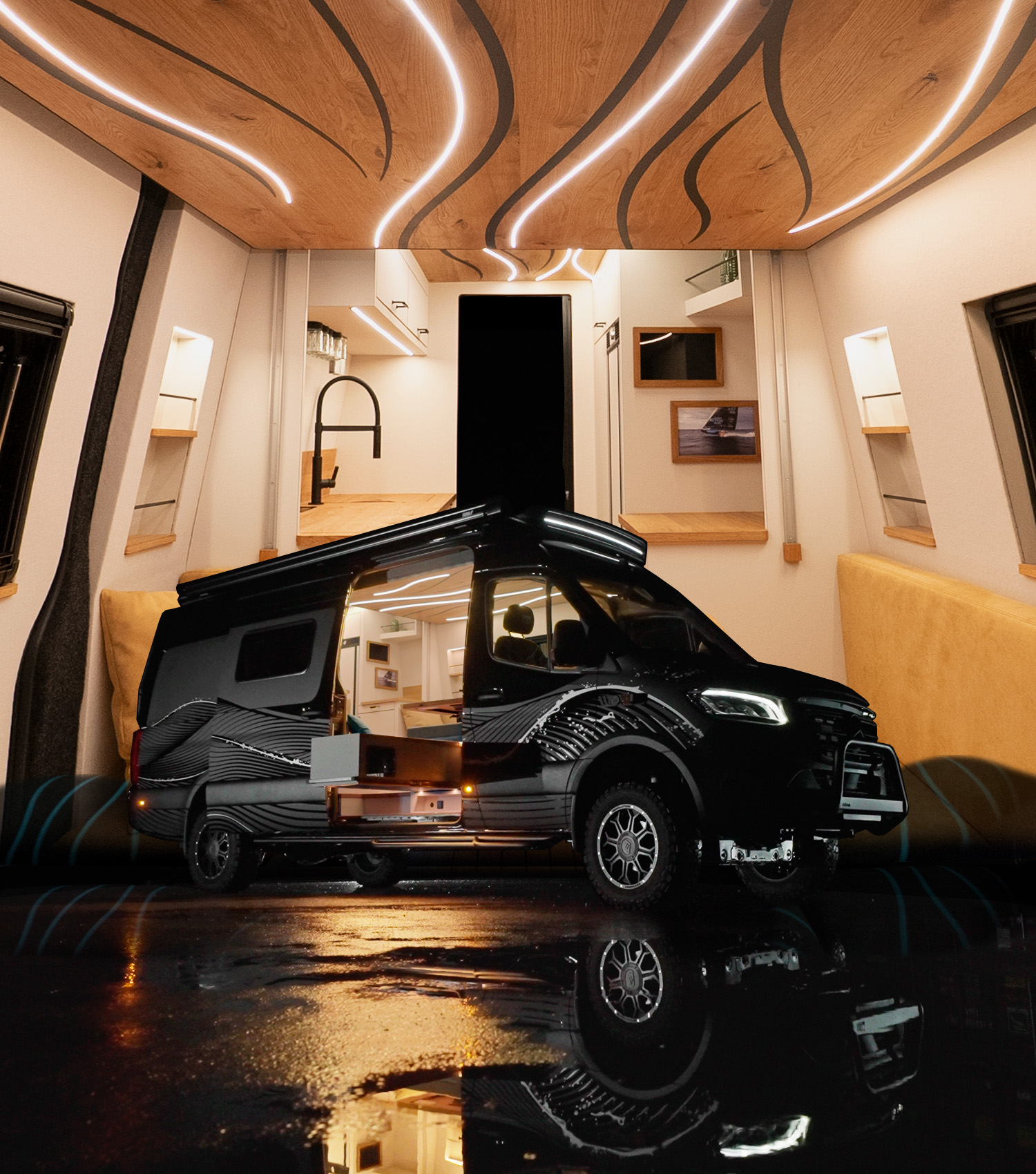 Nachbearbeitetes Bild vom La Onda Campervan mit Interieur im Hintergrund